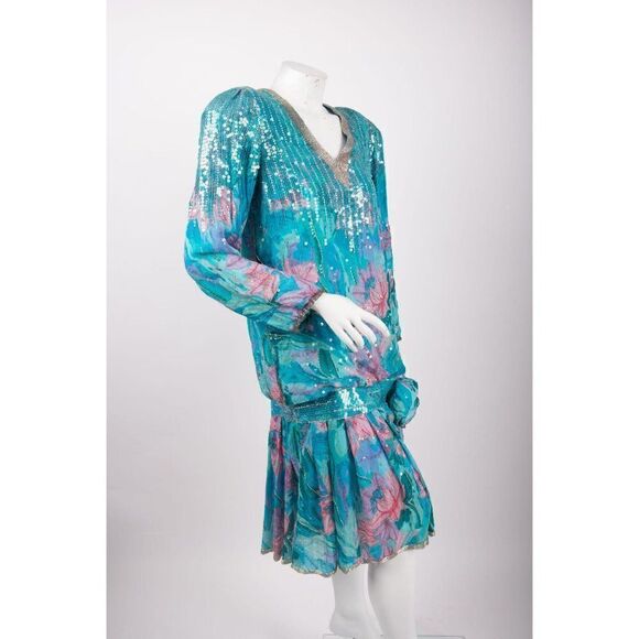 1980s Vintage Dress Sequined Silk Blue Drop waist - Picture 2 of 7